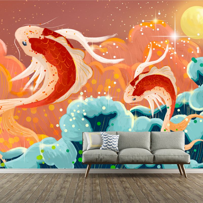 Huge Carp Jump Mural Wallpaper Red Non-Woven Cloth Wall Art, Washable, Custom Print