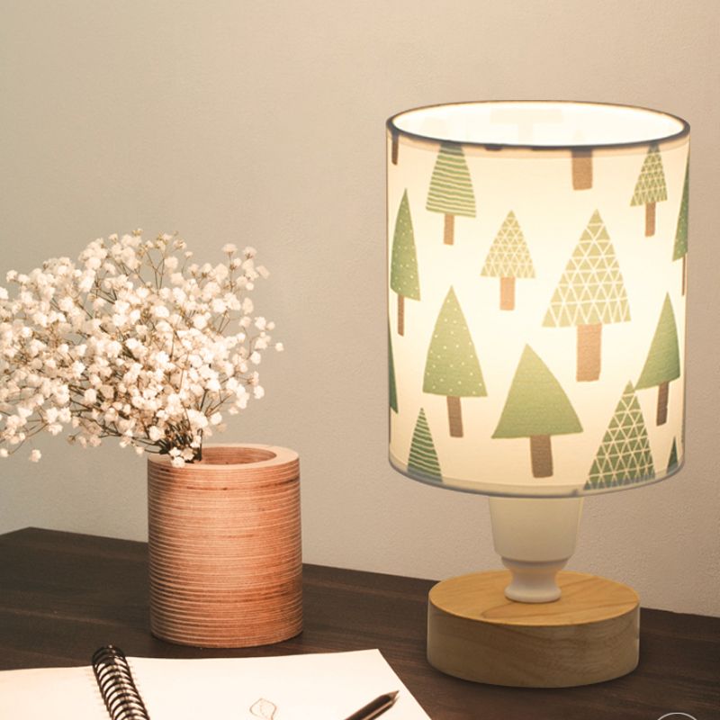 Stofcilinder bureau licht modern 1-bulb leeslamp met boom/vis/cactus deco en houten basis in het wit