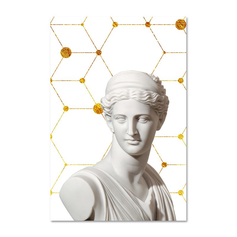 Greek Status and Geometric Canvas Vintage Textured Wall Art Print in White-Gold for Home