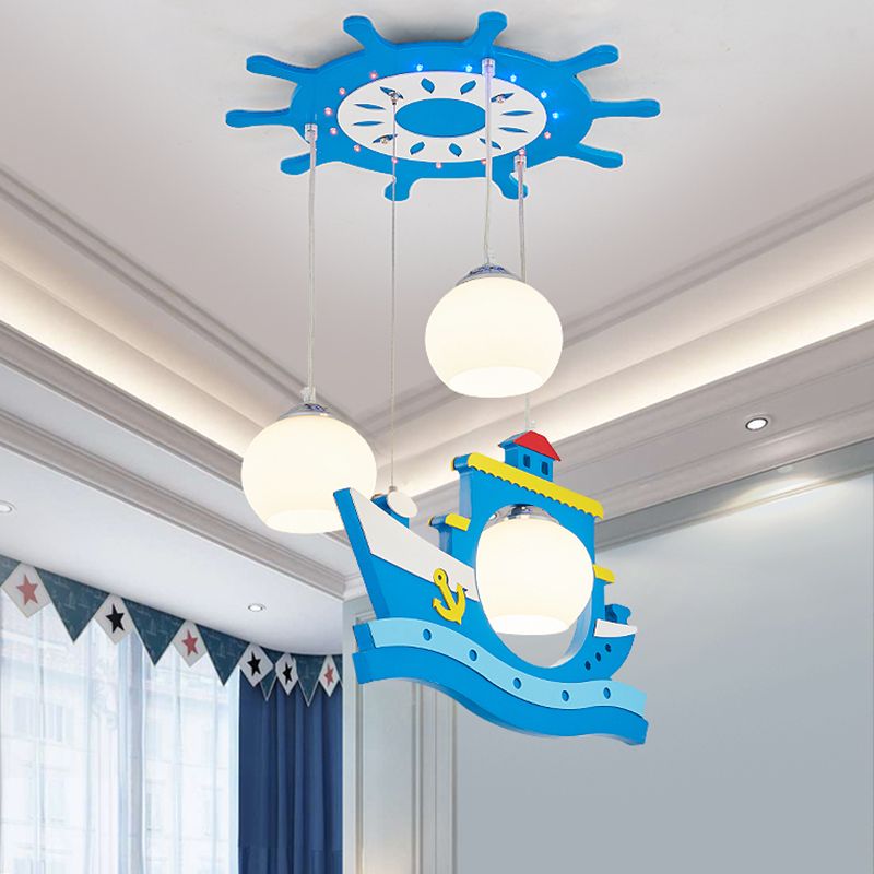 Wooden Rudder Canopy Hanging Light Children Style 3 Heads Blue Shaded Suspension Pendant with Boat Decor