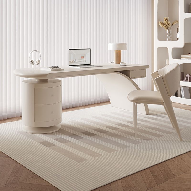 Irregular Shape Contemporary Office Desk Wooden Task Desk with 2 Drawers in White