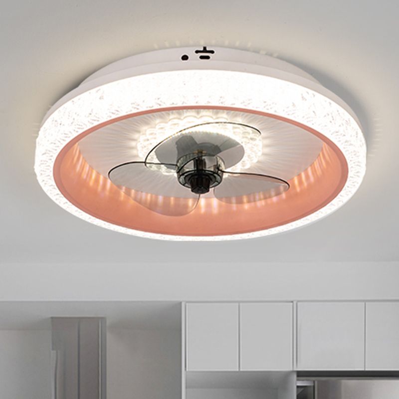 19.5" Wide Round LED Semi Flush Mounted Light Macaron Acrylic Dining Room 3-Blade Ceiling Fan Lamp, Remote Control