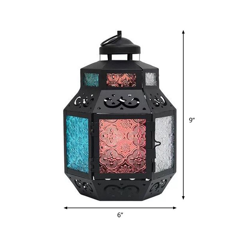 1 Light Candlestick Desk Light Turkey Style Black Metallic Night Lamp with Colorful Textured Glass Shade