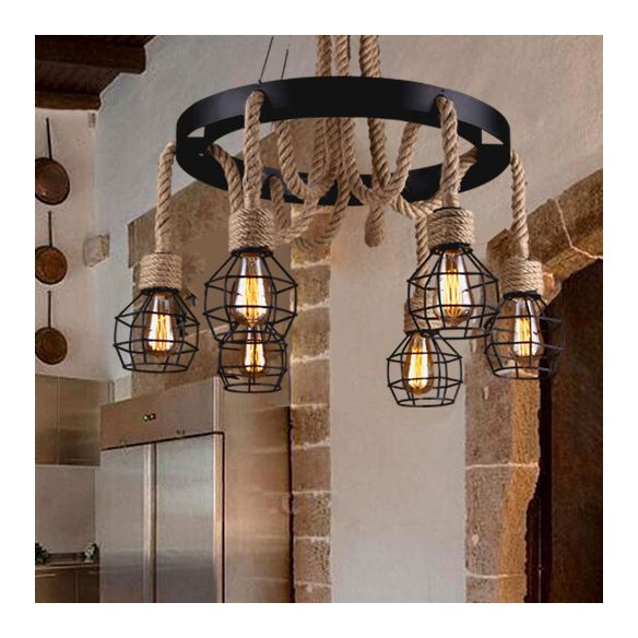 4/6 Bulbes Dome Cage Light Retro Style Brown Brow and Metal Chandelier Pendant Light for Halway