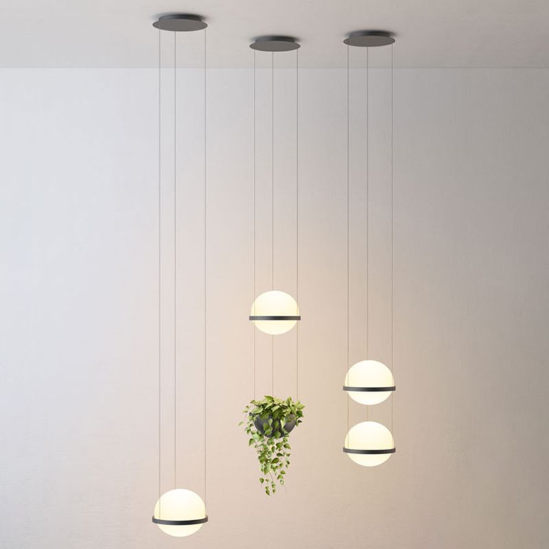 Spherical Suspension Fixture Loft Style White Glass Black Pendant Lighting for Staircase