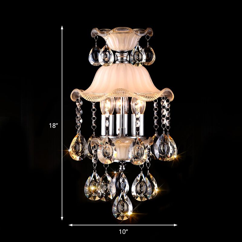 3 Lights Ruffled Edge Hanging Lamp Modern Frosted Glass Ceiling Chandelier Light with Clear Crystal Deco in Champagne