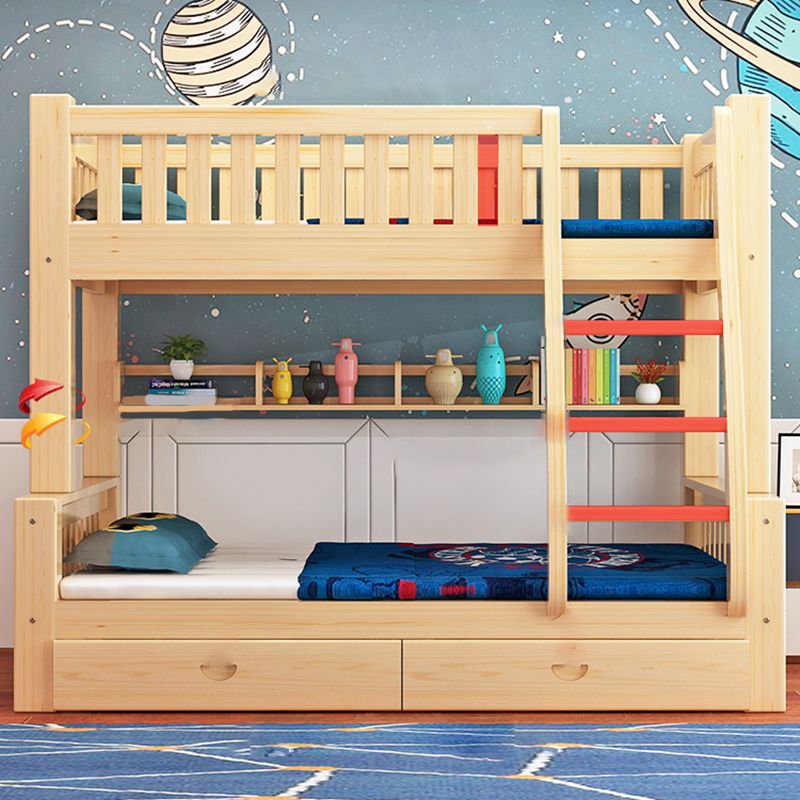 Contemporary Solid Wood Bunk Bed in Natural Kid Bed with Stairway