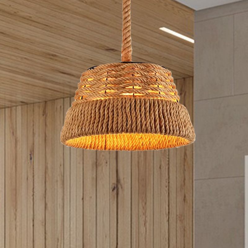 1 Head Cone Pendant Light Countryside Beige Natural Rope Hanging Light Fixture for Dining Room