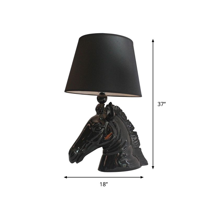 14"/18" Wide 1-Light Table Lamp Vintage Tapered Shade Fabric Night Light with Horse Head Base in Black