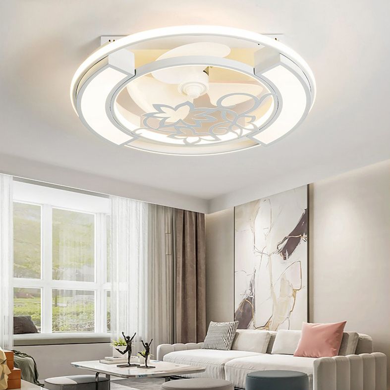 Bedroom LED Flush Ceiling Light Modern White Fan Lamp with Round Acrylic Shade