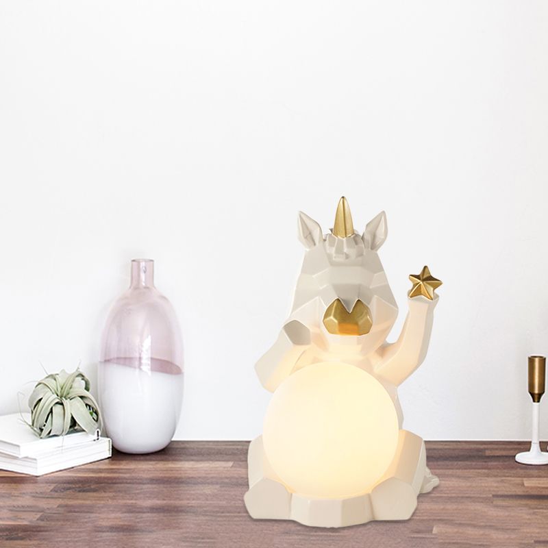 Cartoon Dog/Rabbit/Unicorn Night Light Resin LED Bedroom Table Lamp in Pink/Black/Grey with Globe Opal Glass Shade