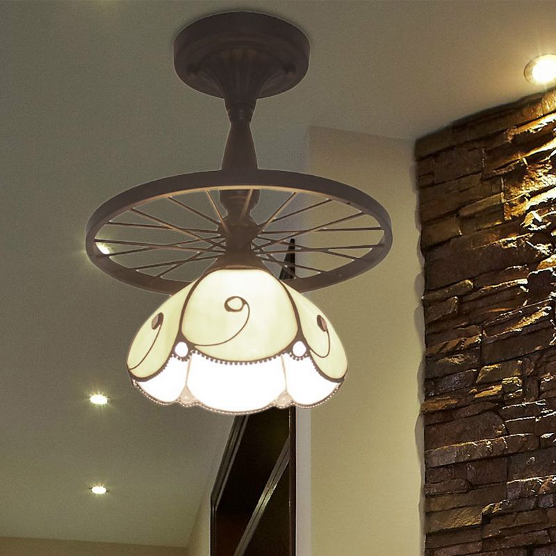 Beige Petal Shaped Semi Flush Ceiling Light with Wheel 1 Light Tiffany Industrial Glass Ceiling Lamp for Cafe