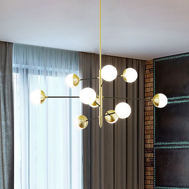 Post-moderne 5 niveaux Chandelier Ivory Ball Glass 10-Light Dining Salle Suspension Pendant Light in Gold