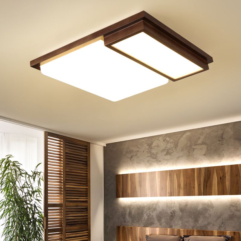 Brown Modern Wood Flush Mount Geometric Shape Ceiling Light with Acrylic Shade for Bedroom