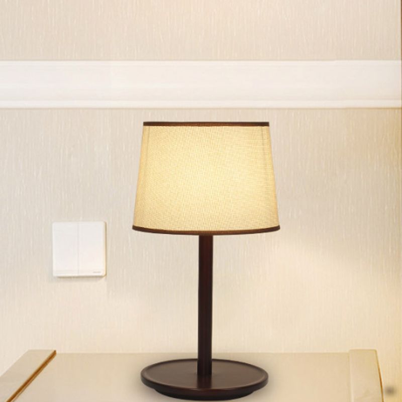 Tapered Shade Table Lamp Nordic Style Fabric 1-Light Beige/Dark Brown Nightstand Light with Wood Base