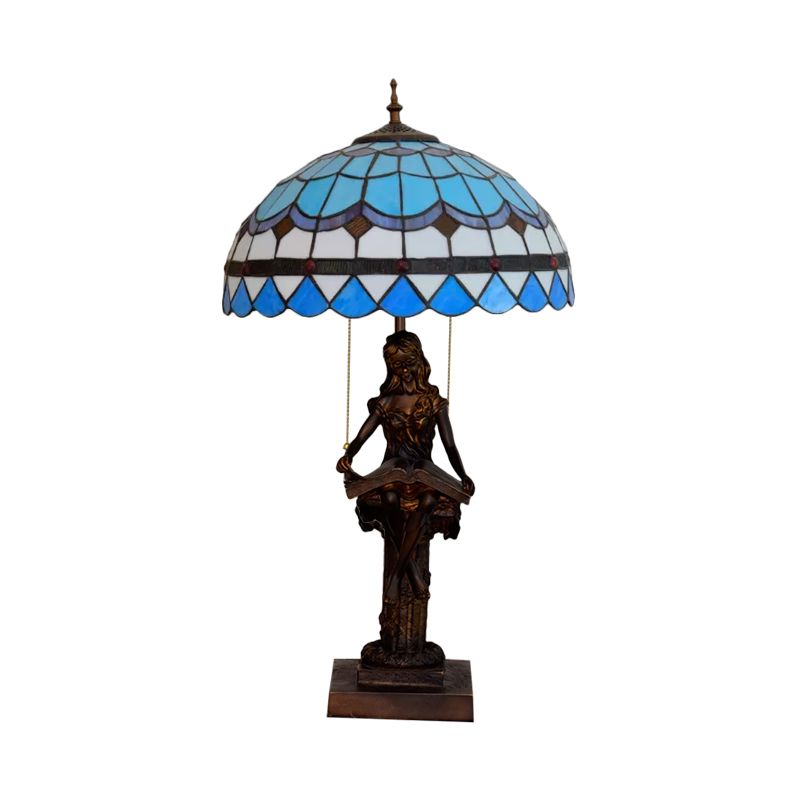 Tiffany-Style Girl Studying Table Light 2 Bulbs Resin Pull-Chain Night Lamp with Grain/Grid/Floral Beige/Blue-White/Blue-Brown Glass Shade