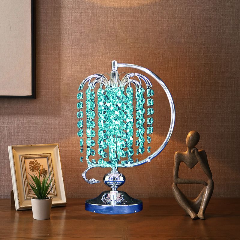 1-Head Drooping Tassel Night Light Retro Pink/Yellow/Blue Crystal Table Lighting with Polished Chrome C Arm