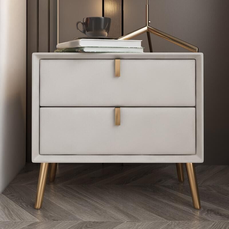 18" H Glam Nightstand 2-Drawer Storage Solid Wood Faux Leather Night Table