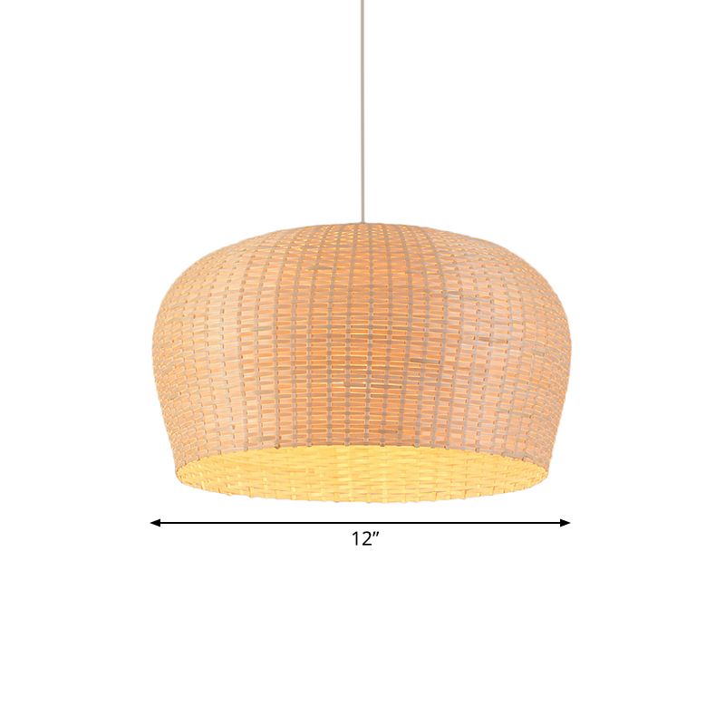 12"/19.5" Wide Dome Woven Bamboo Ceiling Pendant Lamp Asian Single Light Beige Hanging Light for Restaurant Dining Room