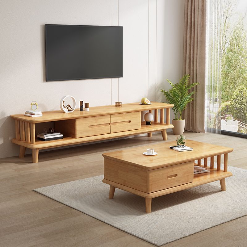 Contemporary Rubber Wood TV Console 2 Drawers Media Console with Splayed Wooden Legs