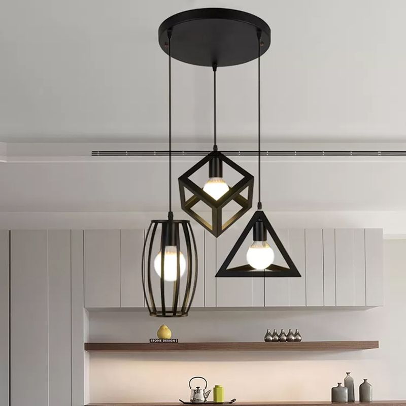 3 Heads Pendant Lighting with Different Cage Shade Metal Retro Stylish Kitchen Hanging Lamp in Black, Round/Linear Canopy