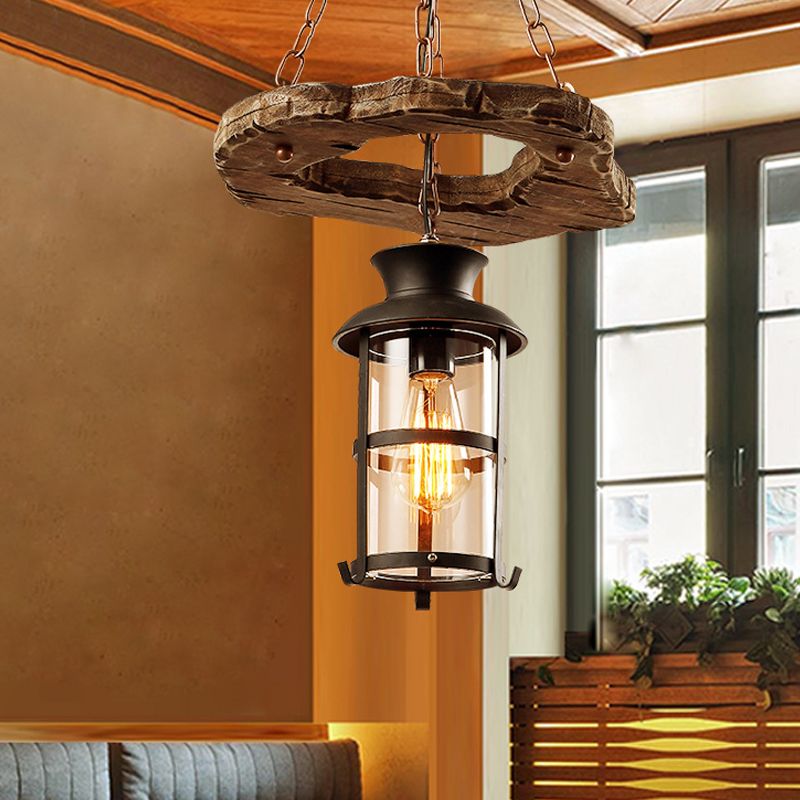 Cylinder Clear Glass Drop Pendant Loft 1-Head Dining Room Suspension Light in Black with Wood Circle Deco