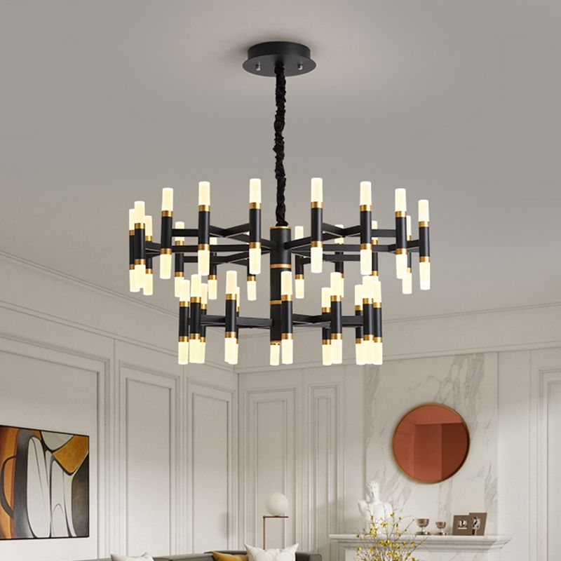 24/36/60 Lights LED Bedroom Chandelier with Tubular Iron Shade Modern Black/White Ceiling Pendant