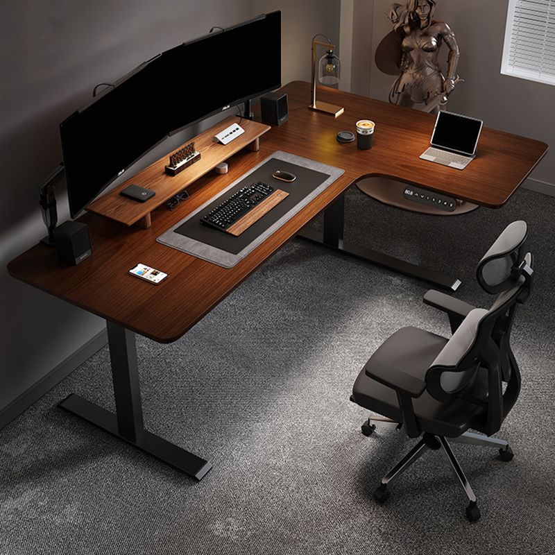 Adjustable Height Brown Computer Desk L-Shape Writing Desk for Home