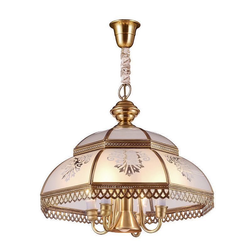 Goud 7 koppen kroonluchter verlichting kolonialisme mond geblazen opaline glazen koepel hanger plafondlicht voor eetkamer