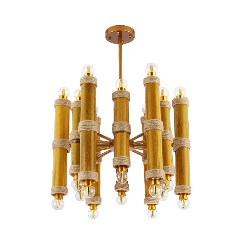 Bamboo Tube Rope Ceiling Chandelier Antique 24 Lights Living Room Pendant Lamp in Yellow