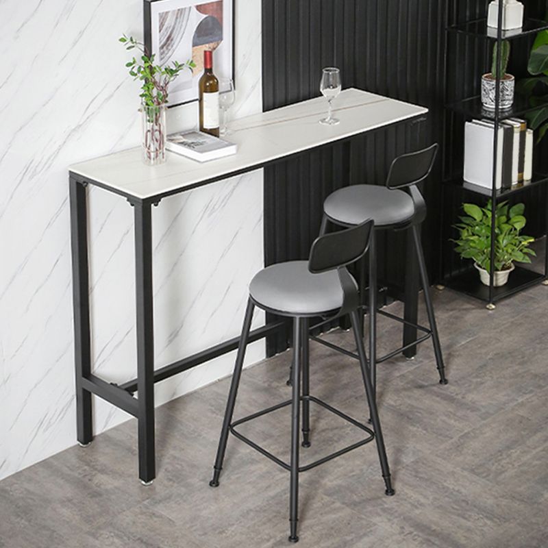 Rectangle Stone Top Bistro Bar Desk with Trestle Industrial Metal Frame Bar Table