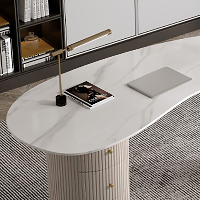 Irregular Shape Writing Desk White Office Desk with 3 Drawers