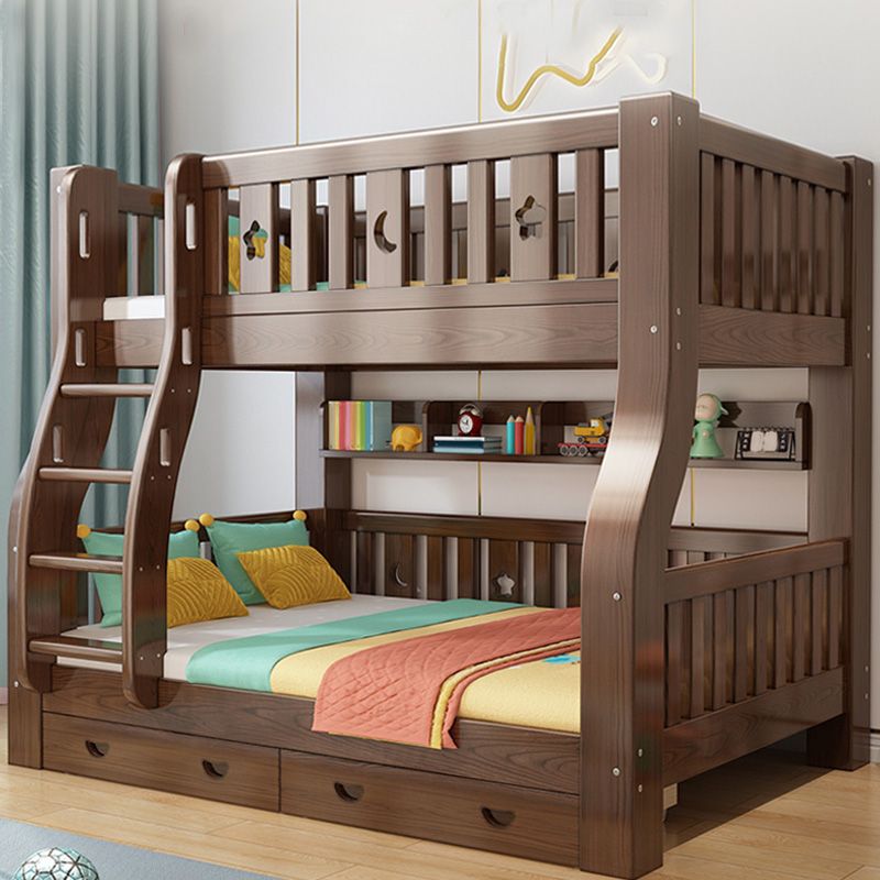 Traditional Brown Bunk Bed with Drawers and Shelves in Solid Wood