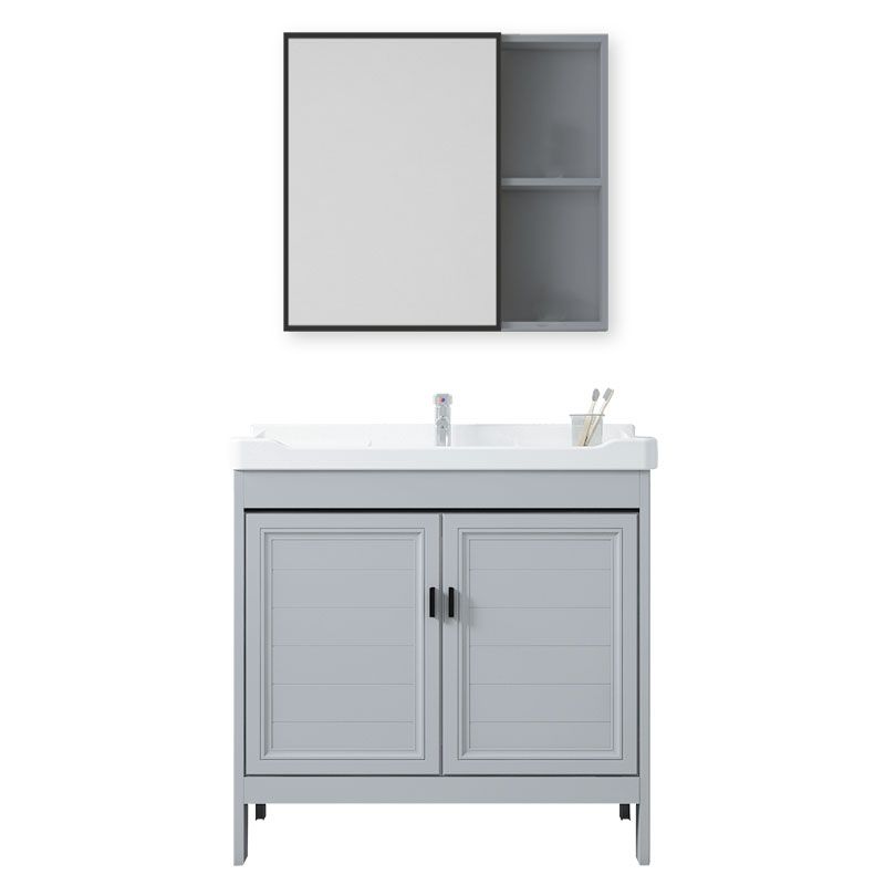 Vanity Glam Mirror Single Sink Metal Frame Freestanding Grey Faucet Vanity with Doors