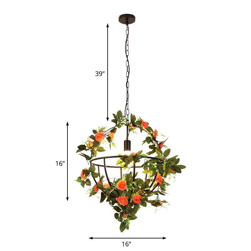 1-Light Hanging Pendant Light with Flower Basket Iron Contemporary Restaurant Light Fixture in Black