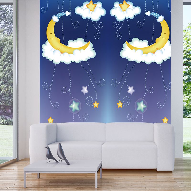 Cartoon Kids Wallpaper Murals with Moon-Star on Cloud Bed Pattern Yellow and Blue Wall Art