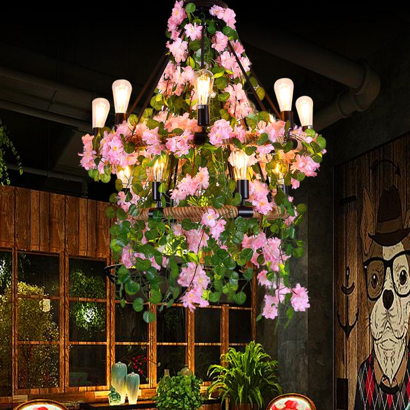 Industrial 2 Layers Ceiling Chandelier 14 Bulbs Metal LED Flower Hanging Light Fixture in Pink