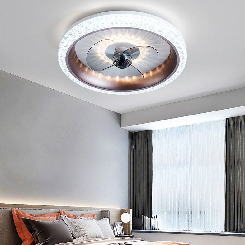 Remote Control Macaron Style Round Fan Lighting Acrylic Bedroom LED Semi Flush Ceiling Light