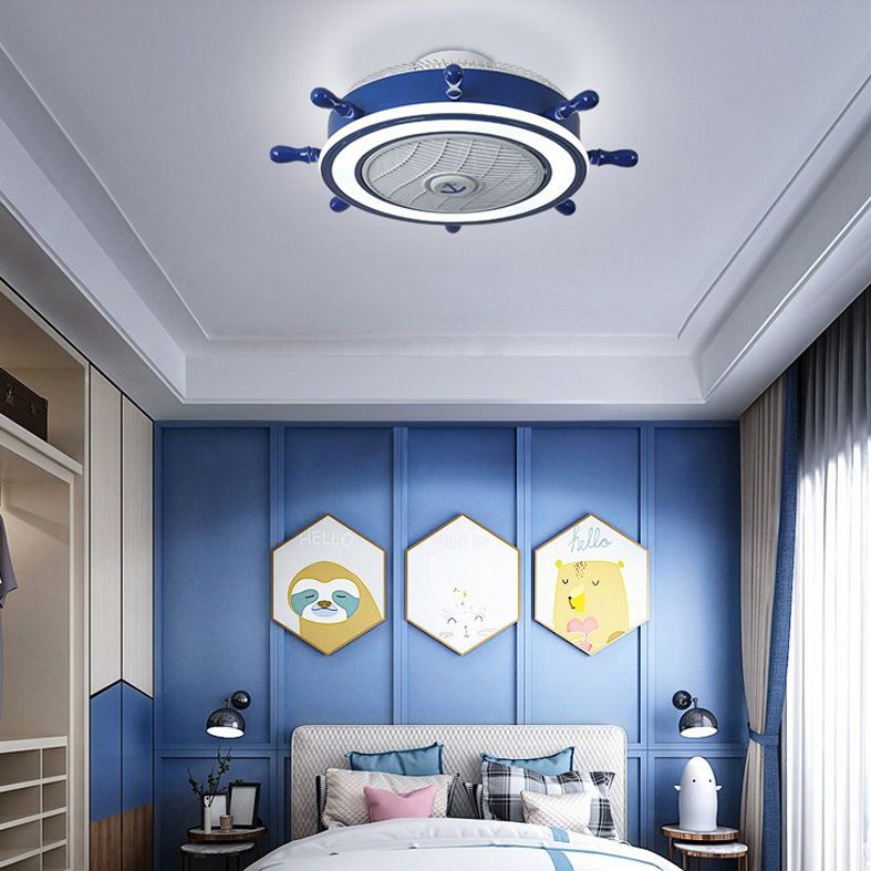 Éclairage de ventilateur de gouvernail bleu marine Méditerranéen LED acrylique Semi Flush Mount Plafond Light for Boys Room