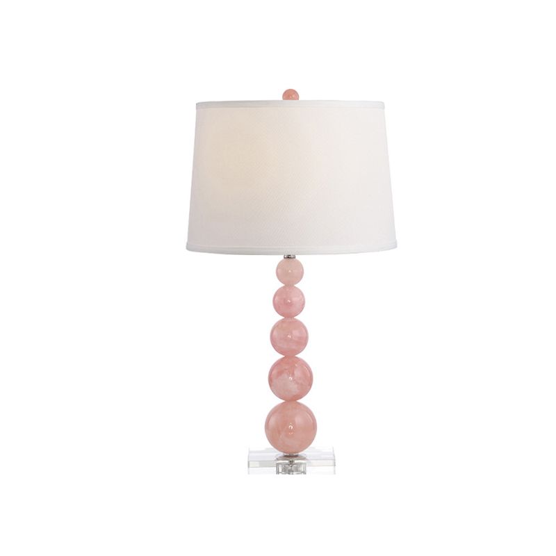 Barrel Shade Nightstand Lamp Modernist Fabric Single White Night Table Light with Orbs Pink Glass Stand