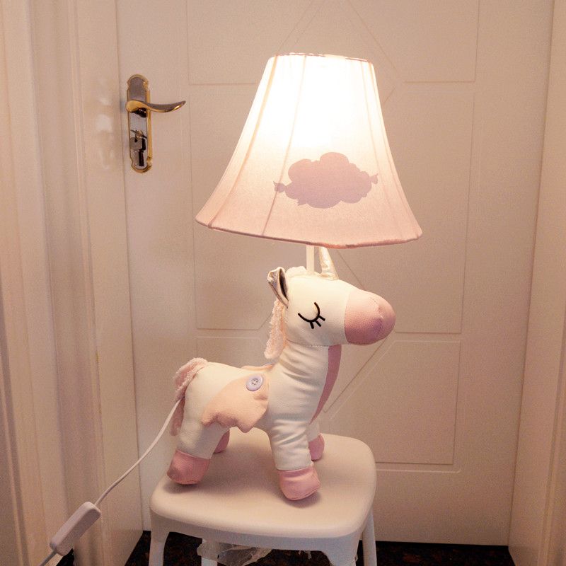 Cartoon Unicorn Cotton Night Light 1-Light Table Lamp with Flared Fabric Shade in Pink