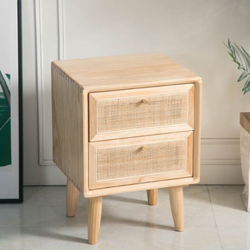 Solid Wood and Rattan Nightstand Drawer Storage 2 Drawer Bedside Cabinet Legs Included