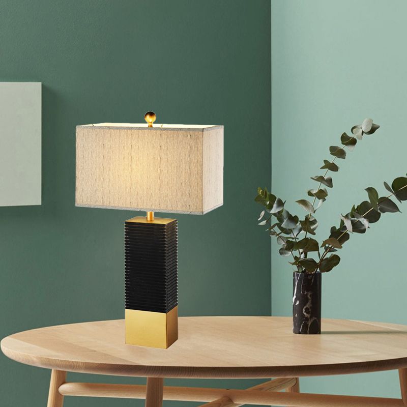 Black Finish Rectangle Desk Lighting Modernism 1-Bulb Metallic Table Lamp with Beige Fabric Shade