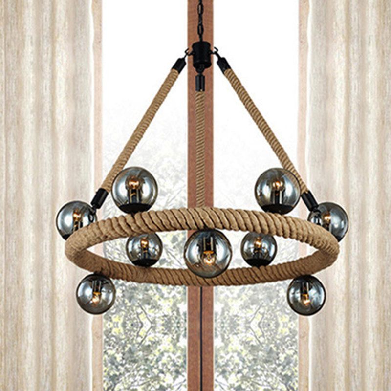 Beige 9 Lights Chandelier Light Fixture Industrial Rope Spherical Pendant Lamp for Dining Room with Glass Shade