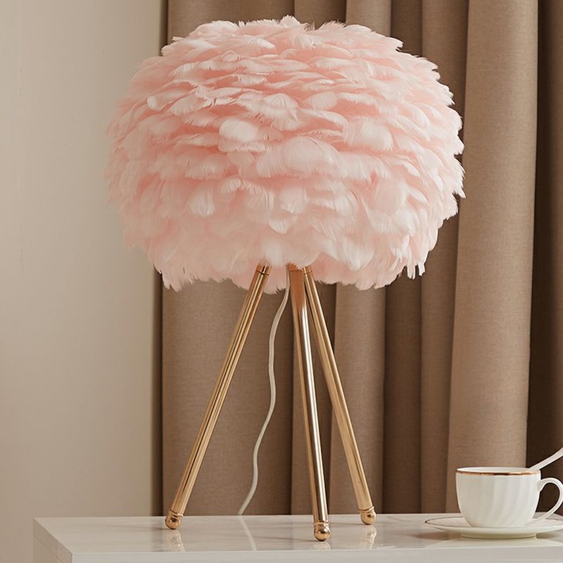 Feather Sphere Table Lighting Nordic 1��Head Nightstand Lamp with Metallic Tripod for Living Room