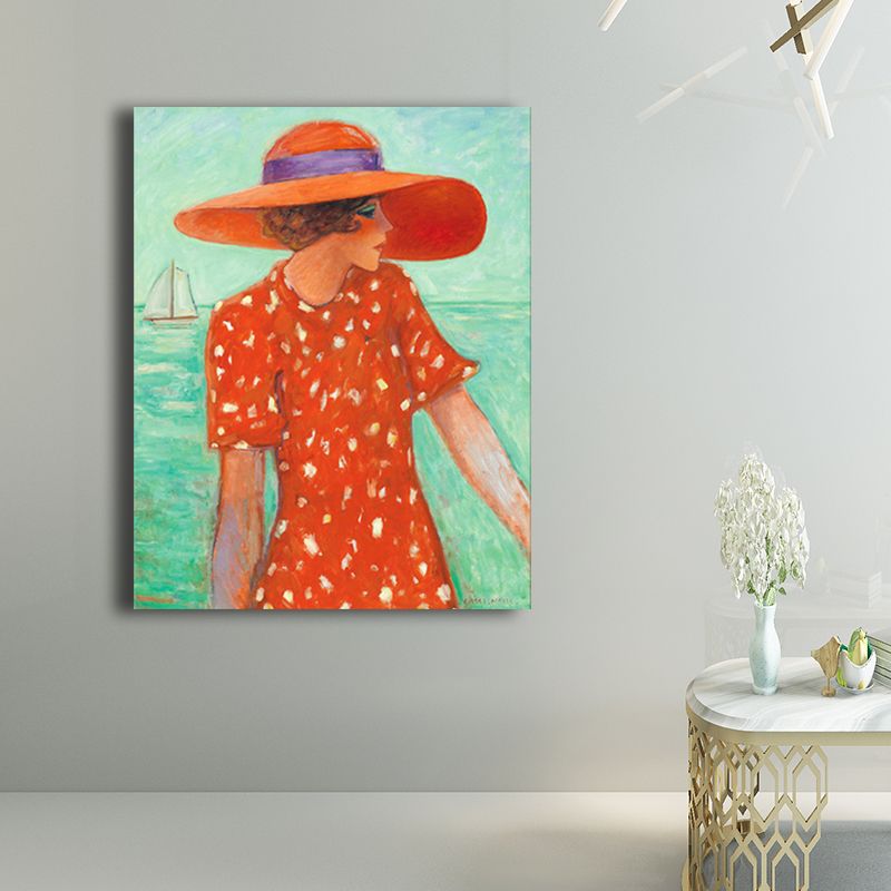 Canvas Textured Wall Art Countryside Woman by the Sea Painting in Soft Color for Living Room