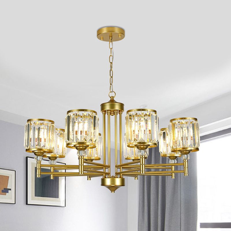 Metal Frame Parlour Pendant Light Modern Crystal Drum Shade 8 Heads Black/Gold Chandelier Lamp