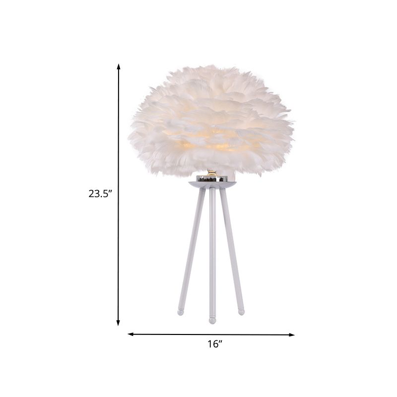 Modernist Feather Table Light Fabric 1-Light Bedside Nightstand Lamp in White with Tripod Base