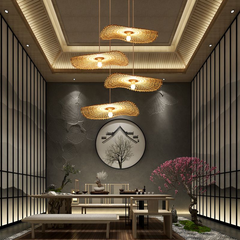 Bamboo Lotus Leaf Suspension Lighting Minimalist 1 Head Wood Pendant Ceiling Light