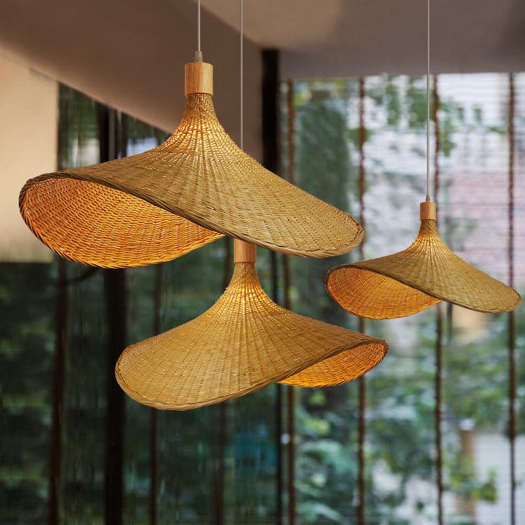 Asian Style Handmade Bamboo Weaving Modern Pendant Hat Shape Kitchen Pendant Lighting